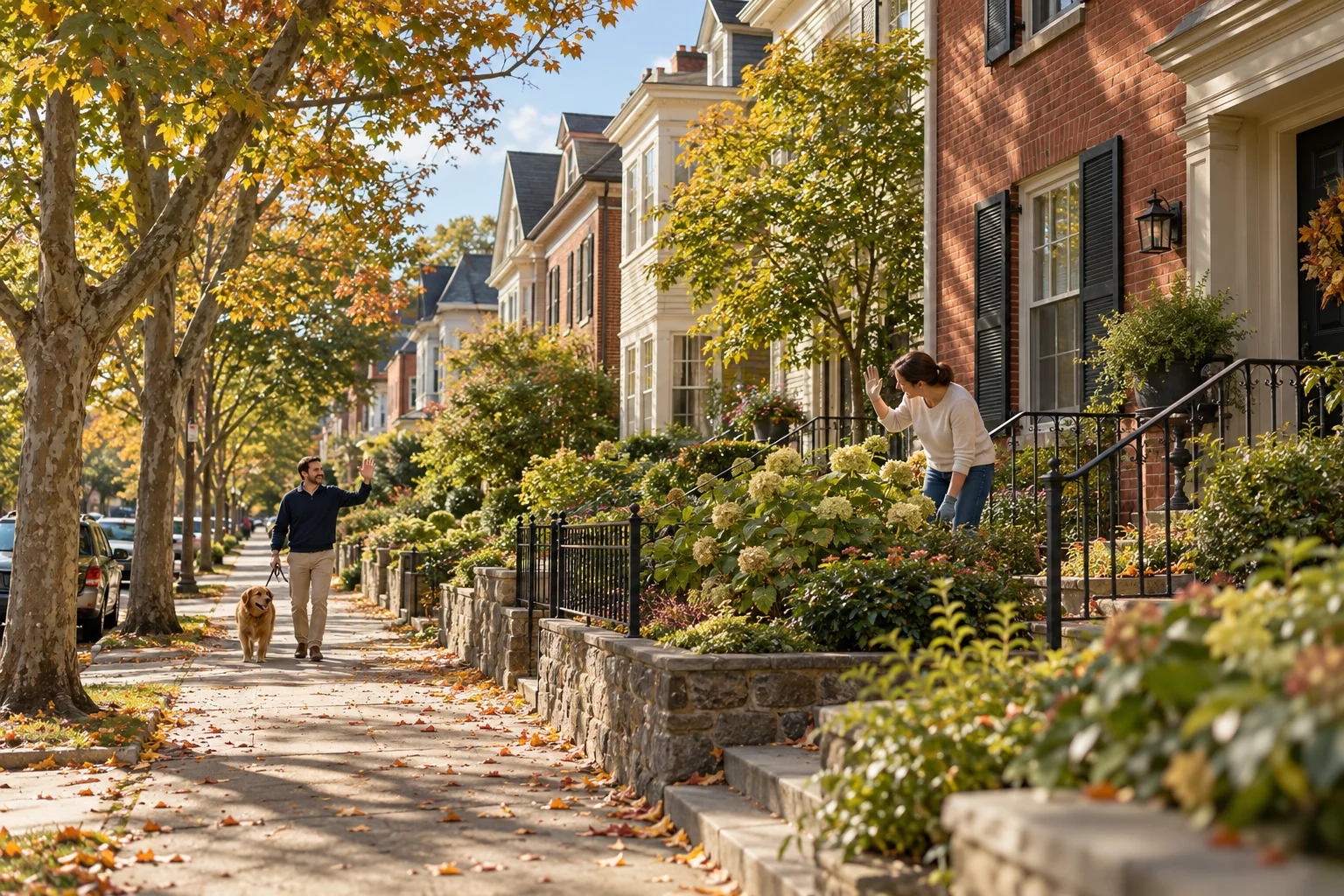 An illustrative neighborhood of brick homes, front porches, and neighbors greeting each other.