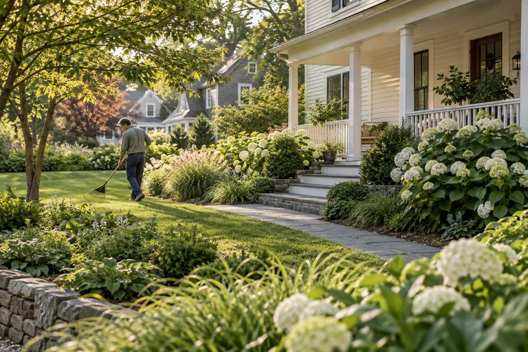 An illustrative scene of a neighbor raking a green front lawn.